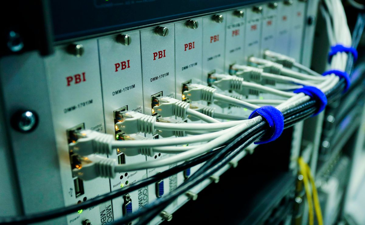 Switch sieciowy z podłączonymi kablami ethernet w szafie rack