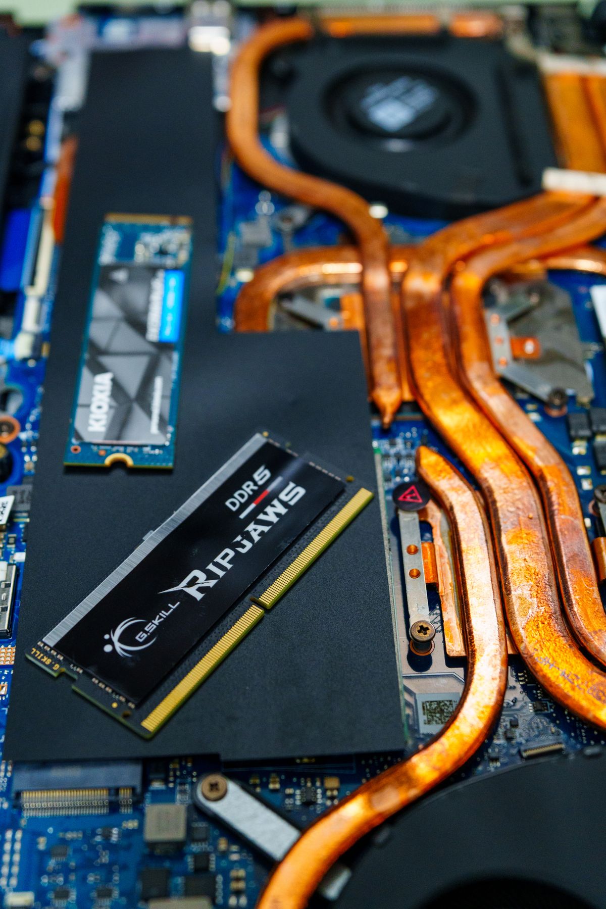 Moduł pamięci RAM i dysk SSD ułożone obok siebie na płycie głównej laptopa